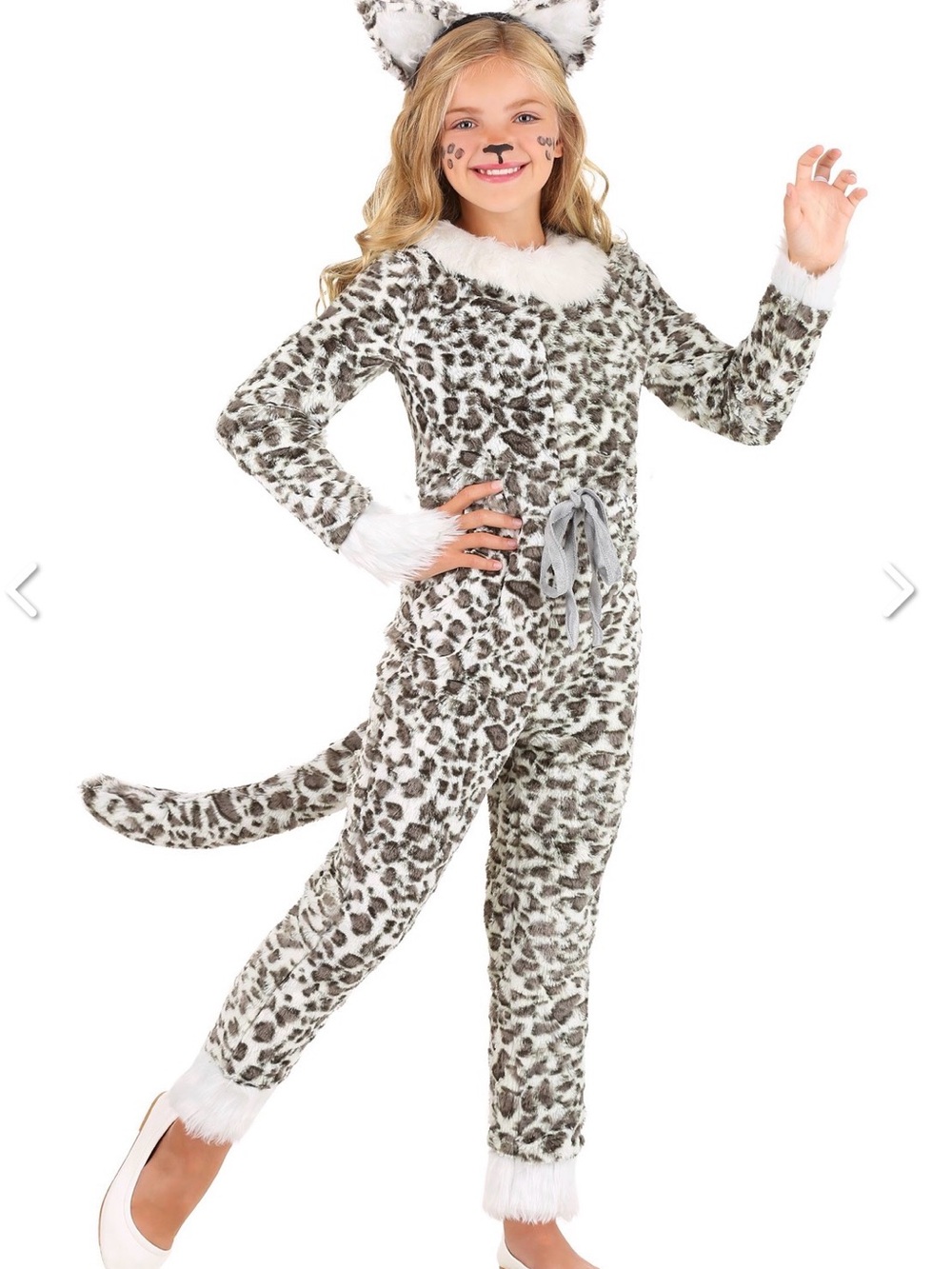 Girls White and Gray Snow Leopard Costume Onesie - Kids Halloween
